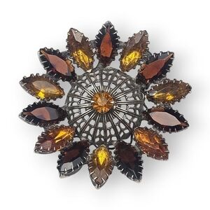 Vintage Sunburst Flower Brooch Topaz Amber Rhinestone Dome Filigree Silver Plate